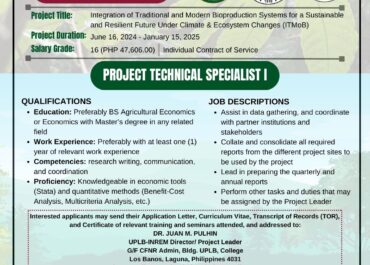 UPLB-INREM seeks Project Technical Specialist I for ITMoB Project